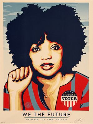 a painting of a woman with an afro holding her hand up