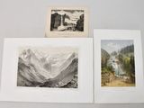 three prints of a mountain scene with a man and a woman