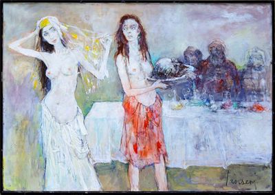 tableau représentant deux femmes debout l'une à côté de l'autre près d'une table