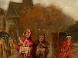 painting of three people dressed in costumes standing in front of a building
