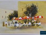 un tableau représentant un groupe de personnes assises à une table sous des parasols
