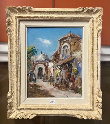 une peinture à l'huile d'une scène de rue avec des gens et des bâtiments