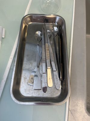 a tray with a bunch of surgical tools in it