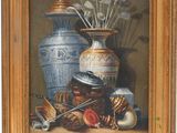 a painting of a painting of a vase with flowers in it