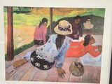 a painting of a woman sitting on a porch with two children