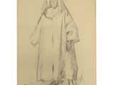 un dessin représentant une femme vêtue d'une robe et d'un chapeau