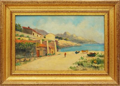 une peinture à l'huile représentant une scène de plage avec des bateaux sur le rivage
