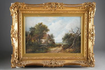 a painting of a farm scene with a house in the distance