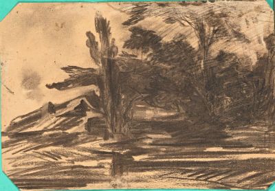 dessin représentant un paysage avec des arbres et une clôture au premier plan