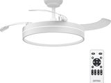 Le ventilateur de plafond est blanc et dispose d'une télécommande.