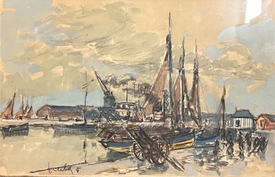 a painting of a harbor scene with boats in the water