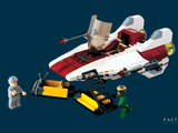 a lego starfighter and a lego man in a space ship