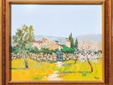 an oil painting of a farm scene with a fence and trees