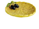 a yellow plate with two black olives on it