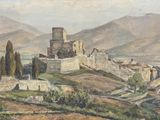 an image of a painting of a castle on top of a hill