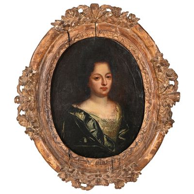 portrait d'une femme en robe verte, dans un cadre doré