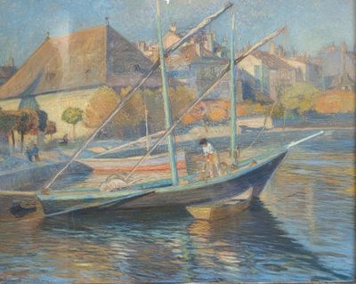 une peinture d'un bateau dans l'eau près d'un bâtiment