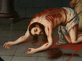 a painting of a man laying on the ground with blood on his body