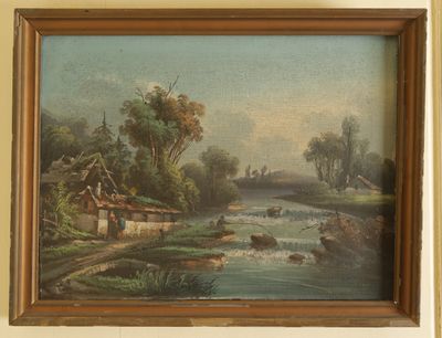 an image of a painting of a river with a village in the background