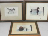 trois photos encadrées représentant des canards, posées sur une table avec un fond blanc