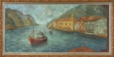 une peinture représentant un bateau sur l'eau, près d'une ville