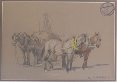 drawing of a man riding on a horse drawn carriage pulled by two horses