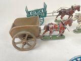 a small toy horse drawn carriage with four figurines on it