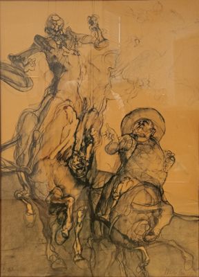 drawing of a man riding a horse with a woman on it