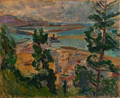 une peinture à l'huile représentant une vue d'une ville avec un bateau sur l'eau