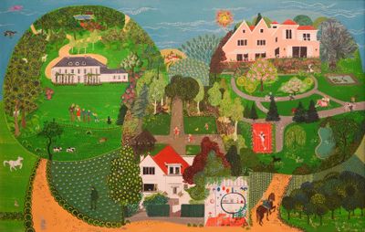 un tableau représentant une ferme avec une horloge au centre