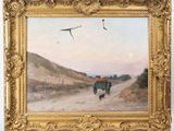 tableau représentant deux personnes marchant sur un chemin de terre, avec un cerf-volant dans le ciel