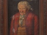 tableau représentant un homme vêtu d'un manteau rouge et d'une chemise blanche