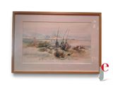 framed watercolor painting of fishing boats on the beach in the sand