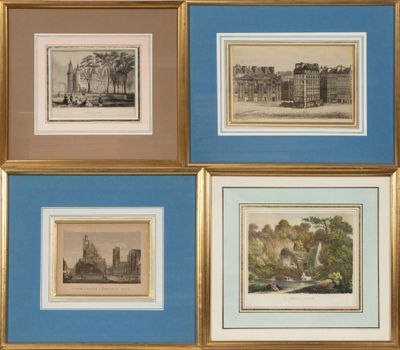 quatre tableaux représentant un château et une rivière, dans un cadre doré