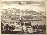 drawing of a view of a town with a bridge in the middle of it