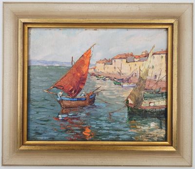 une peinture à l'huile représentant un voilier sur un plan d'eau, avec une ville en arrière-plan