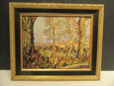 an oil painting of a landscape with trees in a gold frame