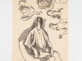dessin représentant une femme assise sur une chaise devant un miroir
