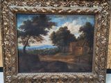 an old painting of a landscape with a house in the background