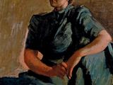 tableau représentant une femme en robe verte assise sur une chaise