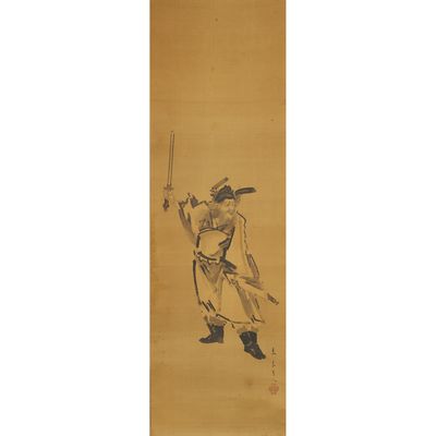 an old painting of a man holding a sword in his hand