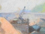 a painting of a boat on the water with a crane in the background