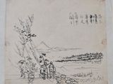an ink drawing of a group of people standing on a beach