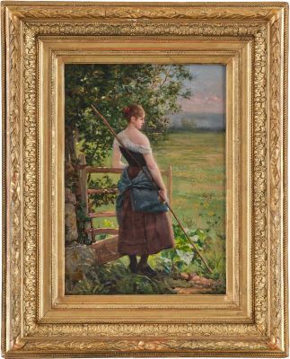 une peinture à l'huile représentant une femme dans un champ avec un chien