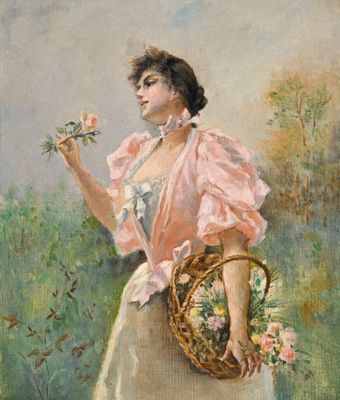 tableau représentant une femme en robe rose tenant un panier de fleurs