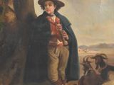 painting of a young boy in a hat and cape holding a baguet