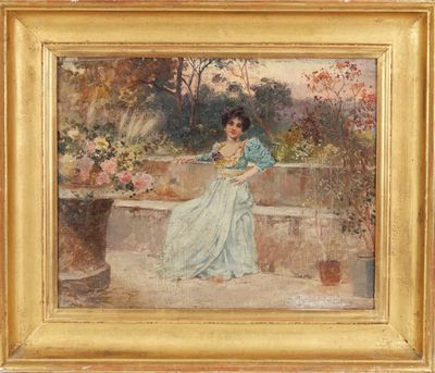 une image d'un tableau représentant une femme assise sur un banc