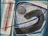 dessin représentant une peinture abstraite bleue et noire avec une ligne rouge