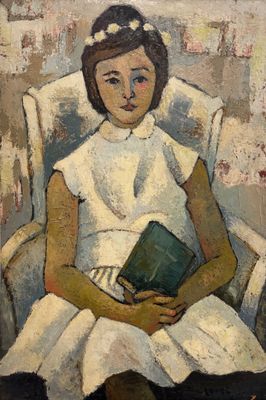 tableau représentant une jeune fille en robe blanche, assise sur une chaise, tenant un livre