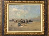 an oil painting of a group of people on a beach with a boat in the background